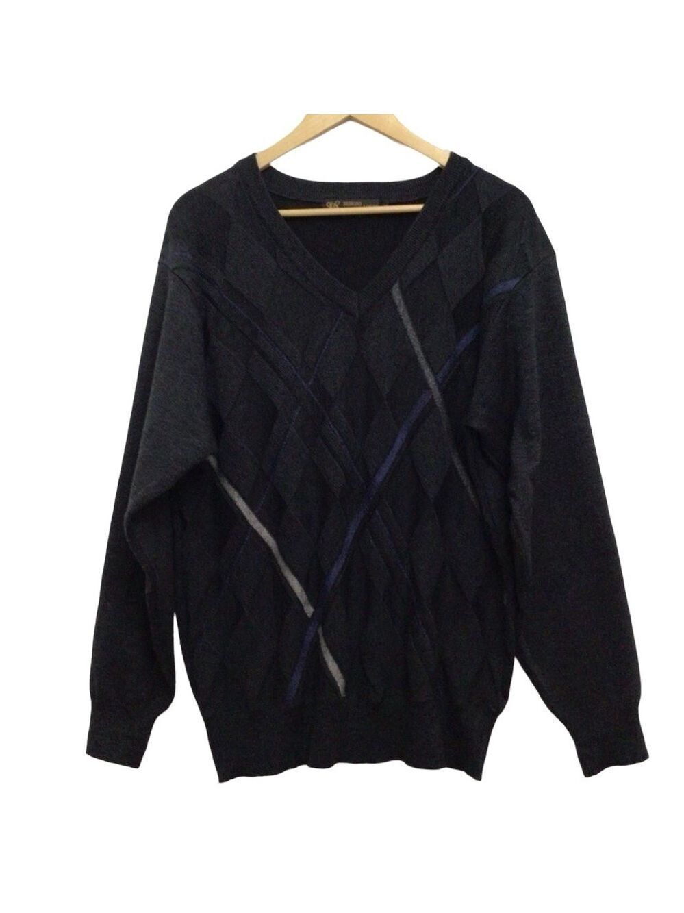 SERGIO Louis Italy mens knit sweater v neck black blue Eclectic grandpa medium